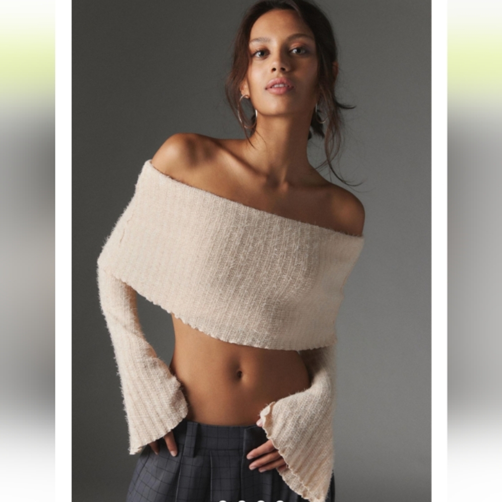 silence + noise Cream Off-Shoulder Cropped Sweater Top